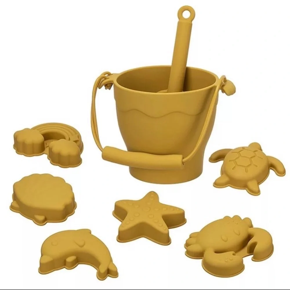 Mustard Yellow Silicone Sand Toys Beach Bucket Shovel 6 Molds BPA Free NEW